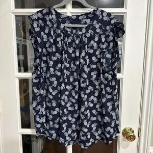 Nine West Navy Blue Pineapple Print Cap Sleeve Pleated Blouse, Women's 2XL